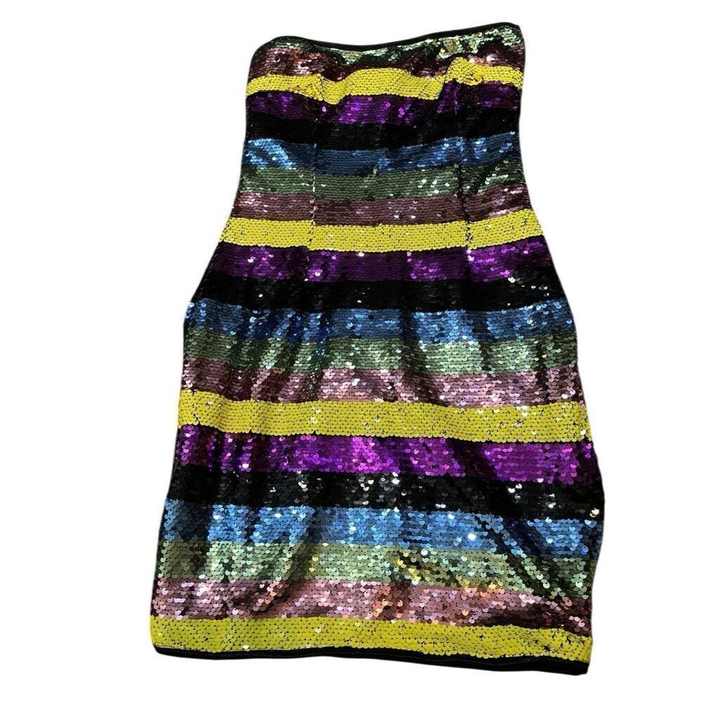 Small Strapless Multicolored Striped Sequin Lined Bodycon Mini Dress NWT